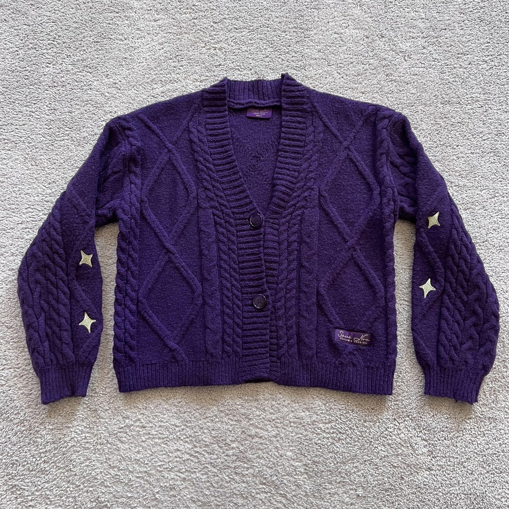Taylor Swift Speak Now Cardigan Sweater Womens MD/LG Purple Stars Cable Knit